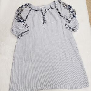 J. JILL Floral Embroidered Ocean Breeze Tassel Tie Stripe Dress Boho beach vibe